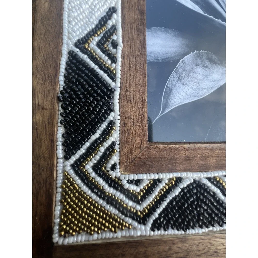 World Market Wood Beaded 4x6 Picture Frame Black White Gold Tribal Boho Decor
